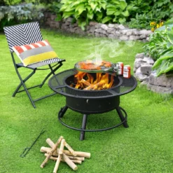 Ø 49 cm Höheverstellbare Feuerschale aus Stahl Feuerstelle mit 360° Grillrost Schwarz