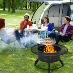 Ø 49 cm Höheverstellbare Feuerschale aus Stahl Feuerstelle mit 360° Grillrost Schwarz