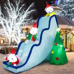220 cm hohe Aufblasbare Eisbärrutsche mit Baum Aufblasbare Weihnachtsdekoration mit LED-Lichtern