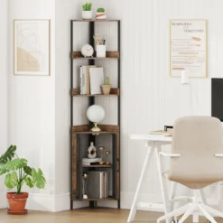 170 cm Hoh Eckregal mit Schrank & Türen & Metallrahmen Freistehendes Bücherregal Rustikal Braun