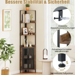 170 cm Hoh Eckregal mit Schrank & Türen & Metallrahmen Freistehendes Bücherregal Rustikal Braun