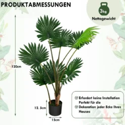 120 cm Hohe Fächerpalme Künstliche Tropische Palme mit Zementtopf & 8 Große Blätter