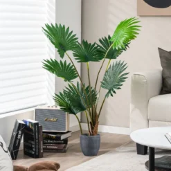 120 cm Hohe Fächerpalme Künstliche Tropische Palme mit Zementtopf & 8 Große Blätter