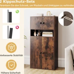 111 cm Hoher Bücherschrank mit 4 Türen 4-stöckiger Aufbewahrungsorganizer mit Verstellbarem Regal Rustikal Braun