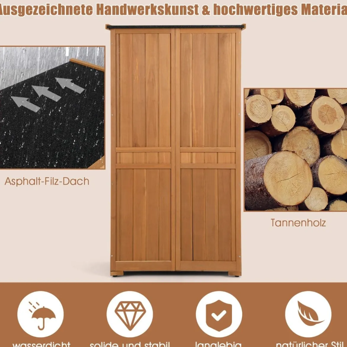 160 cm hoher Gartengeräteschrank aus Massivholz mit 3 herausnehmbaren Regalen & wetterfestem Asphaltdach