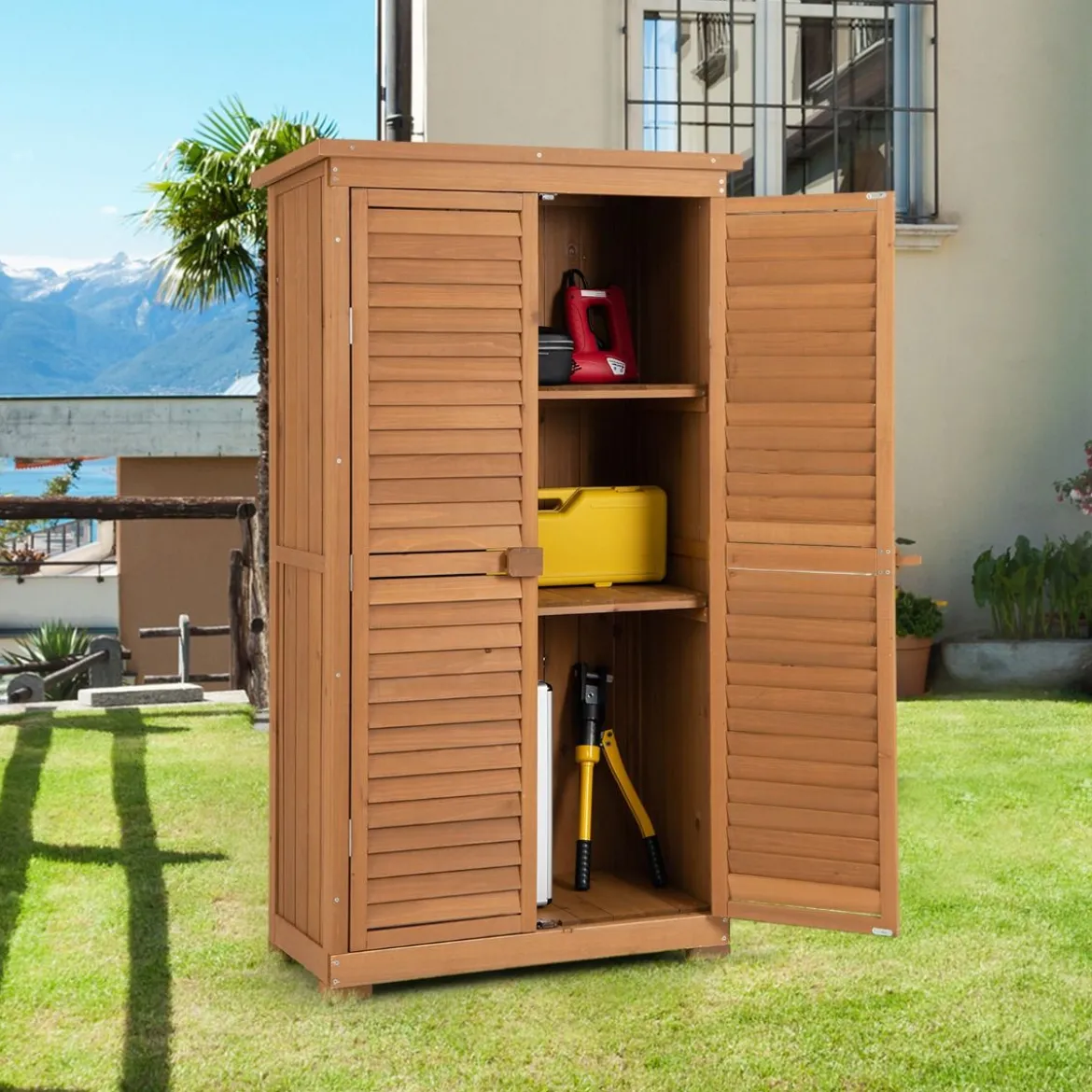 160 cm hoher Gartengeräteschrank aus Massivholz mit 3 herausnehmbaren Regalen & wetterfestem Asphaltdach