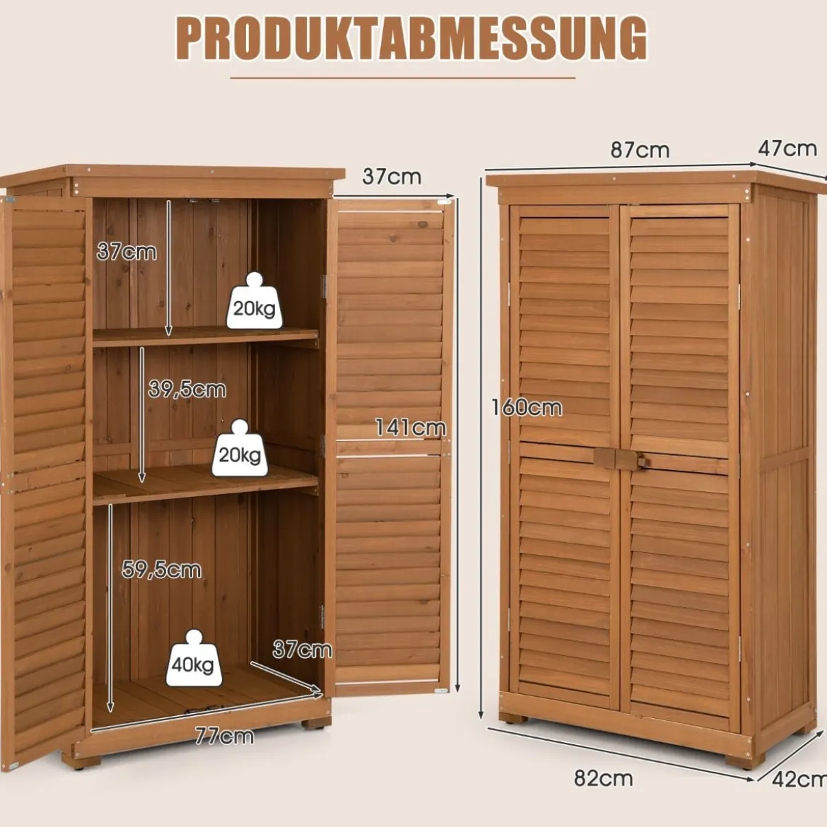 160 cm hoher Gartengeräteschrank aus Massivholz mit 3 herausnehmbaren Regalen & wetterfestem Asphaltdach