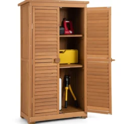 160 cm hoher Gartengeräteschrank aus Massivholz mit 3 herausnehmbaren Regalen & wetterfestem Asphaltdach