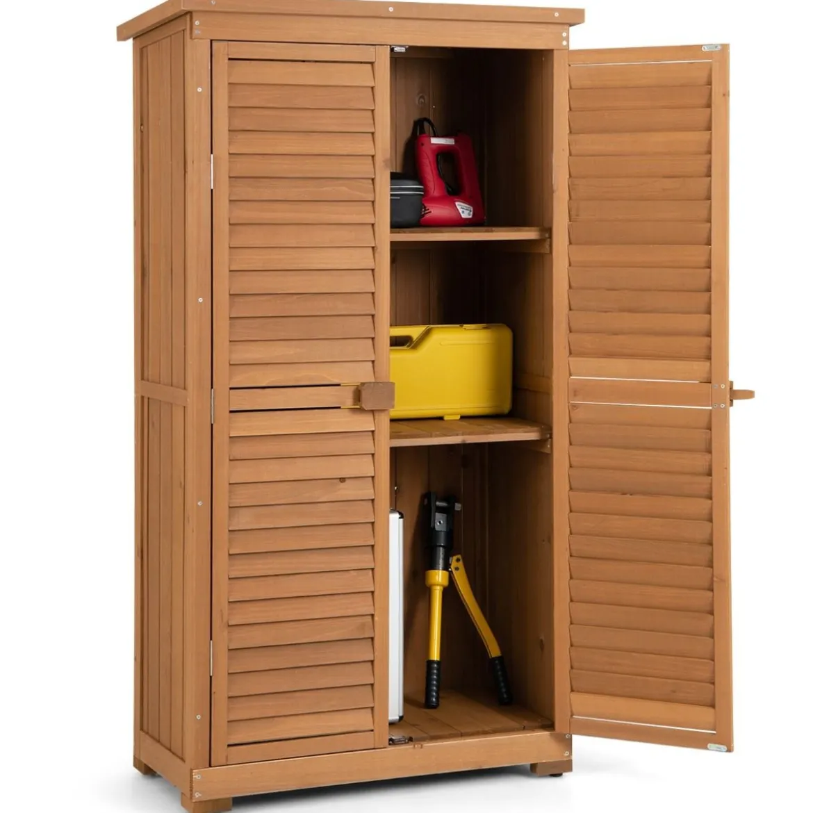 160 cm hoher Gartengeräteschrank aus Massivholz mit 3 herausnehmbaren Regalen & wetterfestem Asphaltdach
