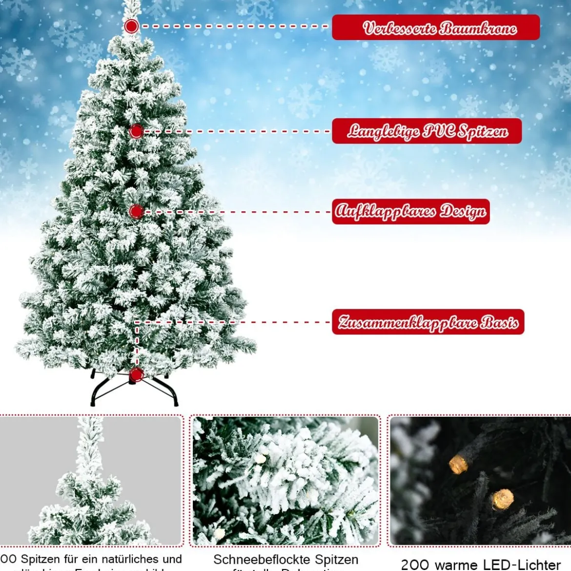 135 cm hoher Künstlicher Weihnachtsbaum Beleuchteter Schneebedeckter Baum mit Metallständer