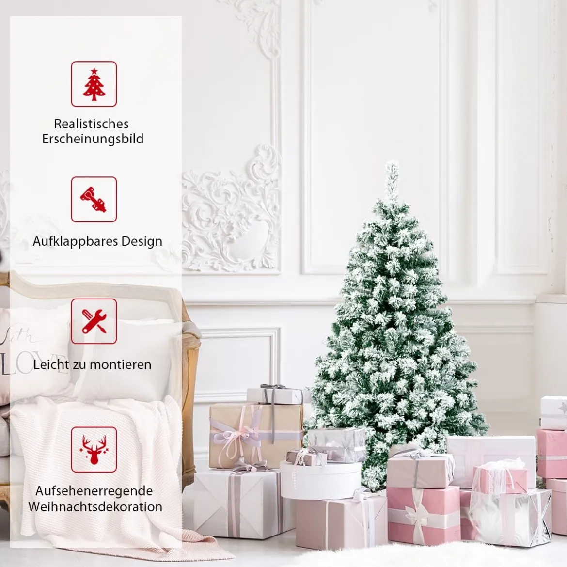 135 cm hoher Künstlicher Weihnachtsbaum Beleuchteter Schneebedeckter Baum mit Metallständer