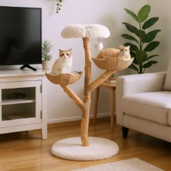 122 cm Hoher Moderner Kratzbaum mit Echter Baumstamm & BlumenplattformKletterturm