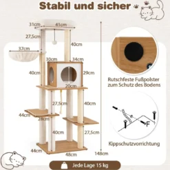 148 cm Hoher Moderner Kratzbaum mit Sisal-Kratzpfosten & Höhle & KorbKatzenbaum