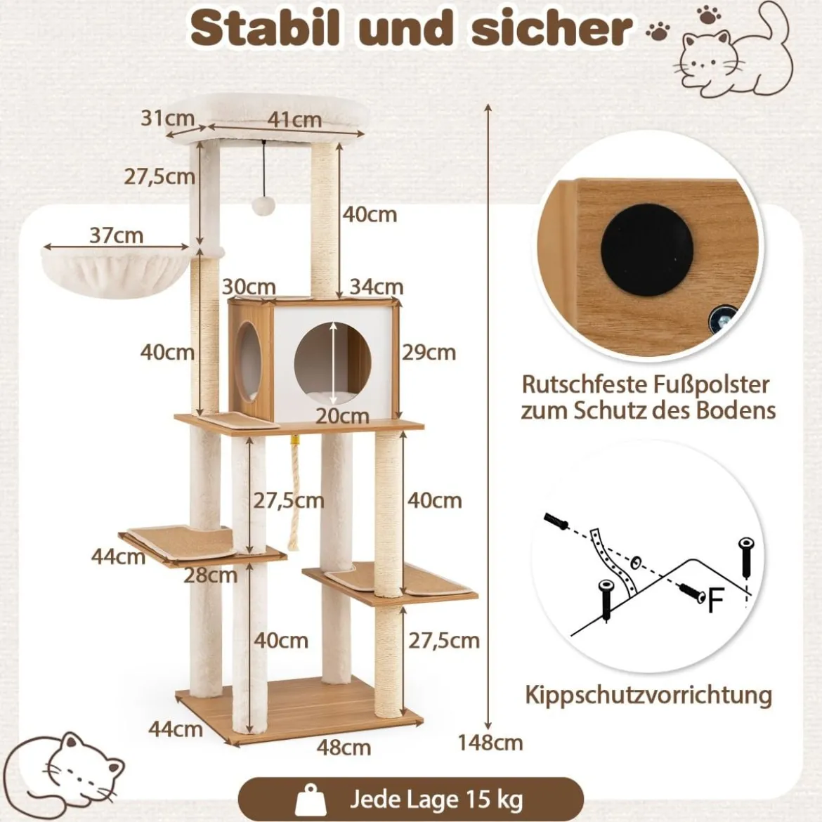148 cm Hoher Moderner Kratzbaum mit Sisal-Kratzpfosten & Höhle & KorbKatzenbaum