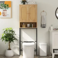 175 cm Hoher Toilettenschrank mit Rattantüren & Staufächern Freistehendes Badezimmerregal