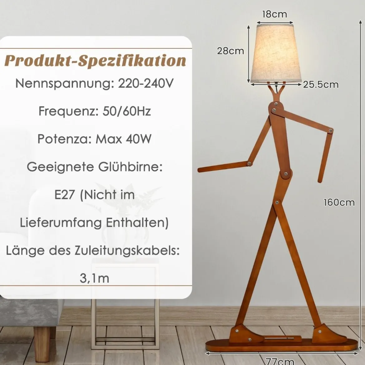160 cm Hohe Stehlampe aus Holz Dekorative Humanoide Eckleuchte Natur