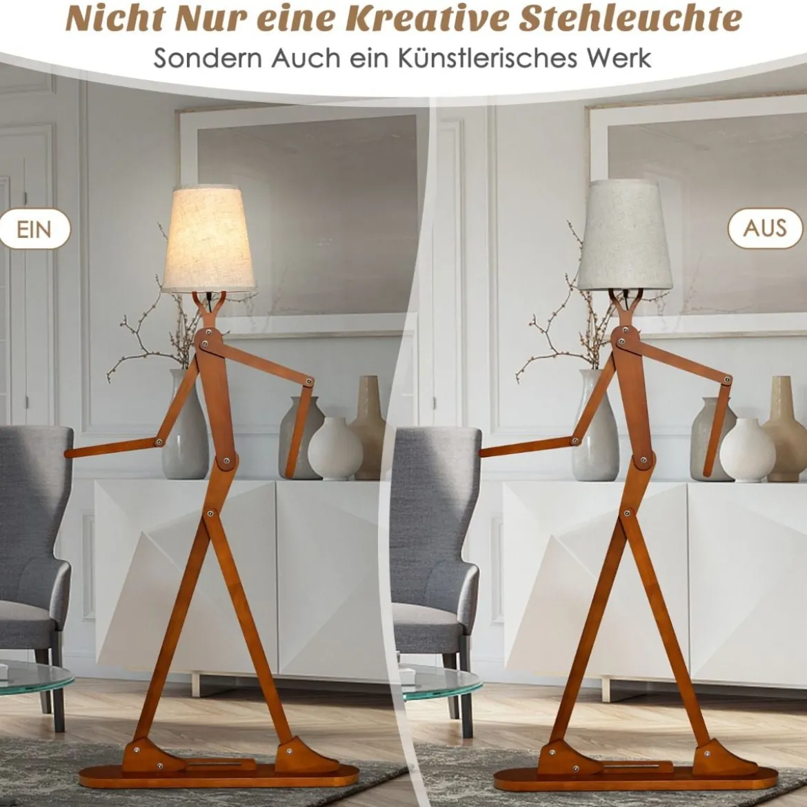 160 cm Hohe Stehlampe aus Holz Dekorative Humanoide Eckleuchte Natur
