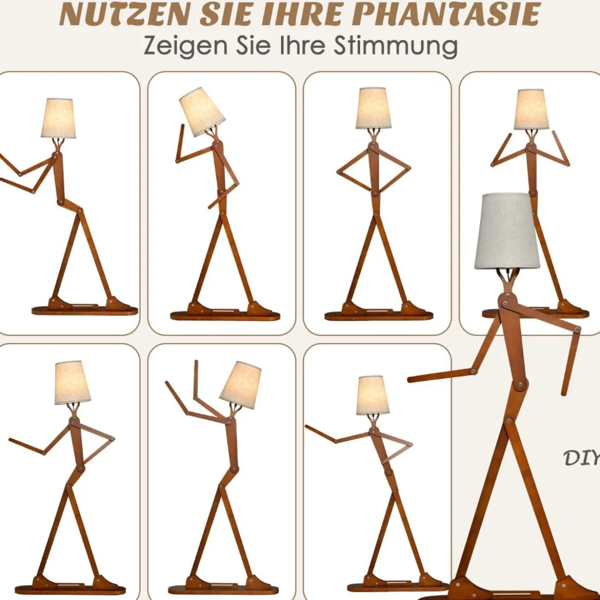 160 cm Hohe Stehlampe aus Holz Dekorative Humanoide Eckleuchte Natur