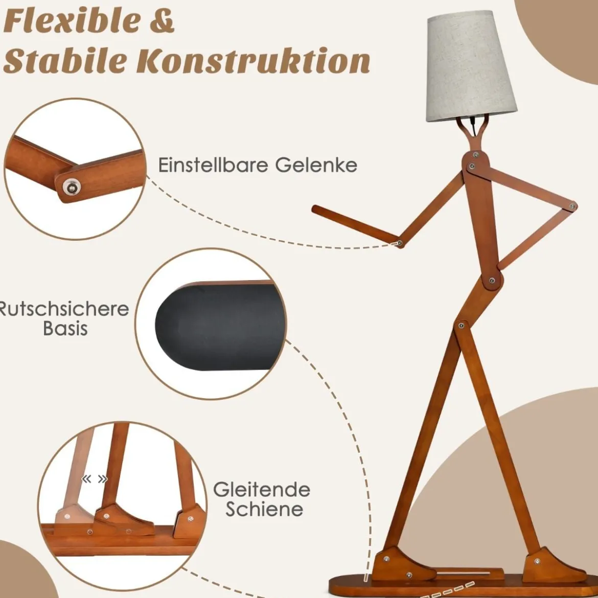 160 cm Hohe Stehlampe aus Holz Dekorative Humanoide Eckleuchte Natur