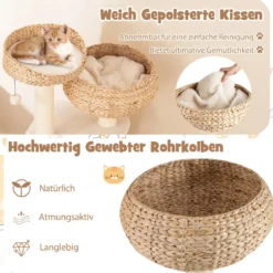 104 cm Holz Katzenbaum mit Sitzstange & Korb & Sisalpfählen Kratzbaum Kletterbaum Beige