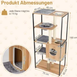 160 cm Holz Kratzbaum mit Höhle & Hängematte & Kratzpfosten 5 Stufiger Katzenkratzbaum