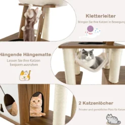 145cm Holz Kratzbaum mit Hängematte & 2 Katzenhöhlen & Leiter Katzenbaum Kletterbaum