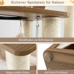 145cm Holz Kratzbaum mit Hängematte & 2 Katzenhöhlen & Leiter Katzenbaum Kletterbaum