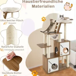 145cm Holz Kratzbaum mit Hängematte & 2 Katzenhöhlen & Leiter Katzenbaum Kletterbaum