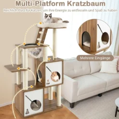 145cm Holz Kratzbaum mit Hängematte & 2 Katzenhöhlen & Leiter Katzenbaum Kletterbaum