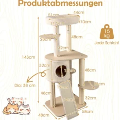 143 cm Holz Kratzbaum mit Kratztonne & Sisal-Kratzsäulen & Leiter Katzenbaum Kletterbaum Natur