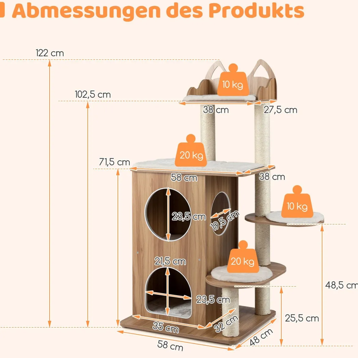 122 cm Holz Kratzbaum mit 2-stöckiger Katzenhöhle & Plattformen Katzenkratzbaum