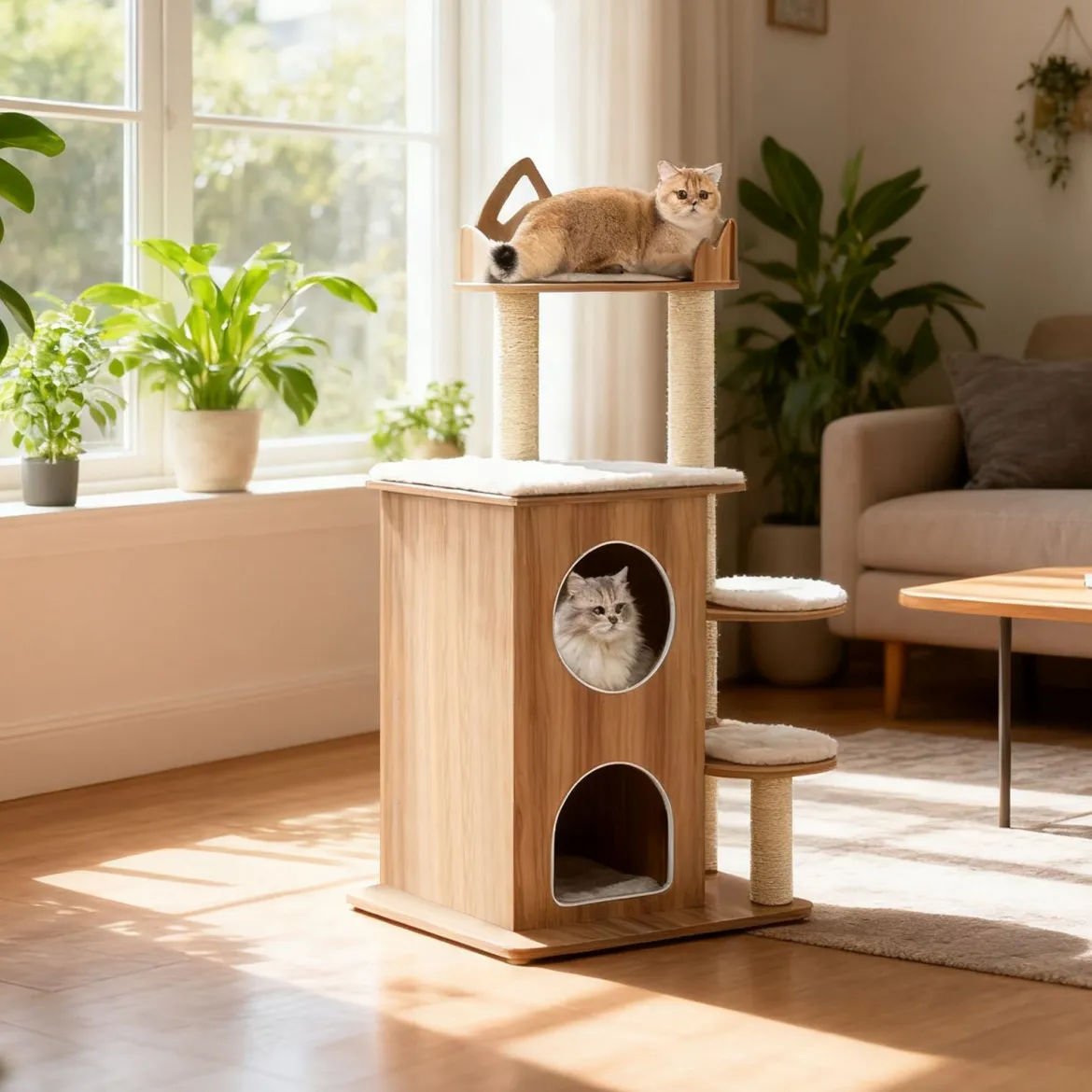 122 cm Holz Kratzbaum mit 2-stöckiger Katzenhöhle & Plattformen Katzenkratzbaum
