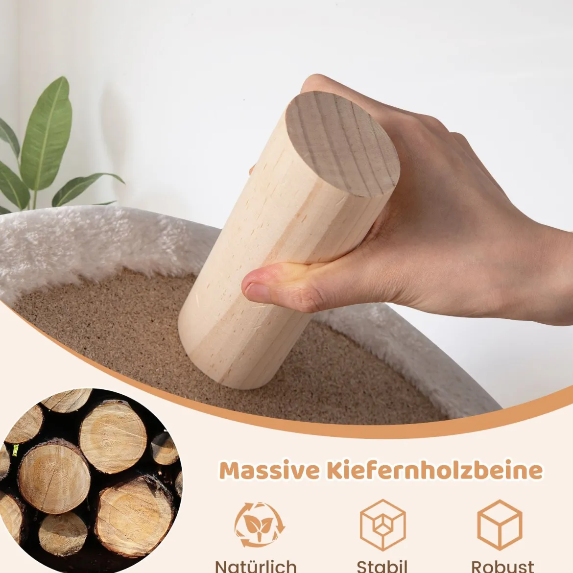 42 cm Hundesofa Bett Hundecouch mit Rundem Gepolstertem Kissen 4 Kiefernholzbeine & Rückenlehne Beige