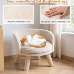 42 cm Hundesofa Bett Hundecouch mit Rundem Gepolstertem Kissen 4 Kiefernholzbeine & Rückenlehne Beige