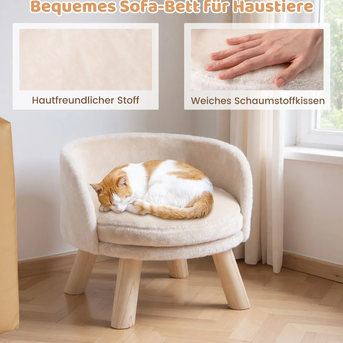 42 cm Hundesofa Bett Hundecouch mit Rundem Gepolstertem Kissen 4 Kiefernholzbeine & Rückenlehne Beige