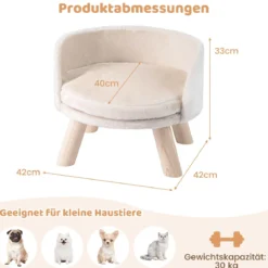 42 cm Hundesofa Bett Hundecouch mit Rundem Gepolstertem Kissen 4 Kiefernholzbeine & Rückenlehne Beige