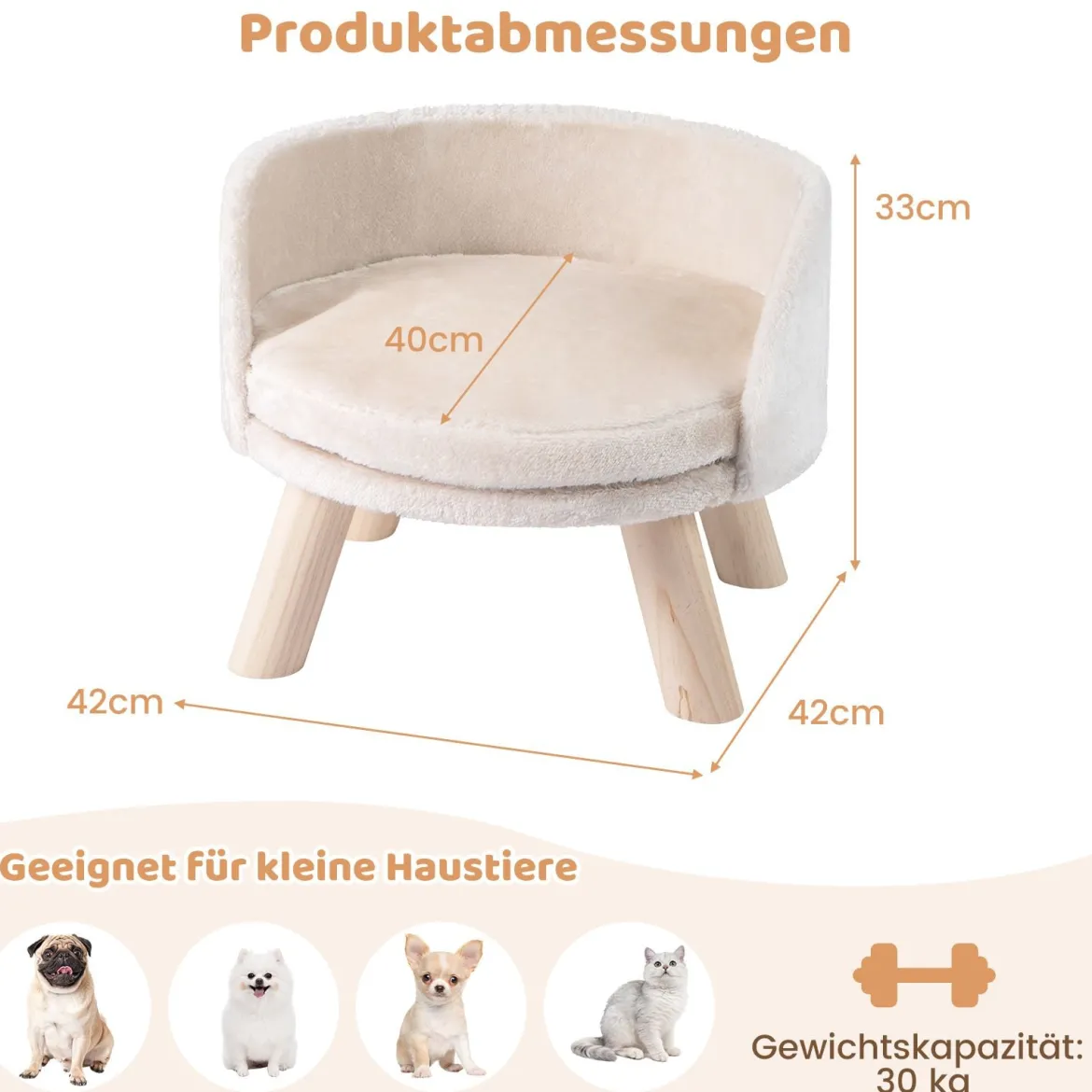 42 cm Hundesofa Bett Hundecouch mit Rundem Gepolstertem Kissen 4 Kiefernholzbeine & Rückenlehne Beige