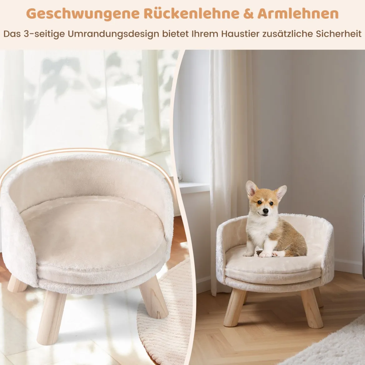 42 cm Hundesofa Bett Hundecouch mit Rundem Gepolstertem Kissen 4 Kiefernholzbeine & Rückenlehne Beige