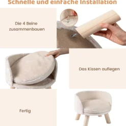 42 cm Hundesofa Bett Hundecouch mit Rundem Gepolstertem Kissen 4 Kiefernholzbeine & Rückenlehne Beige