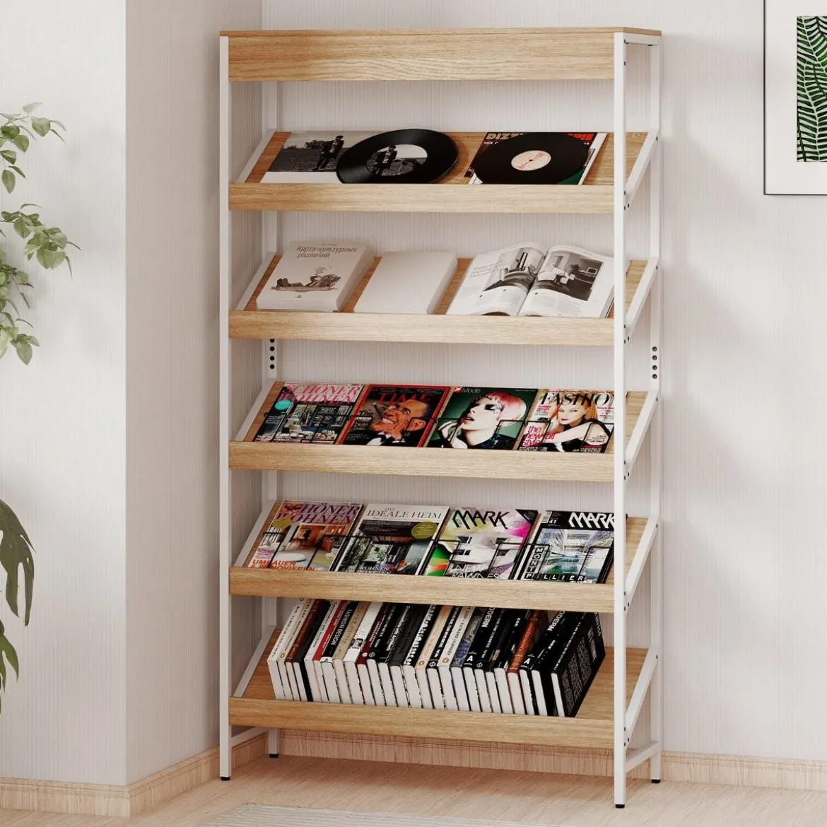 161 cm Industrielles Bücherregal mit Metallrahmen Freistehendes Lagerregal Anzeige Standregal Natur