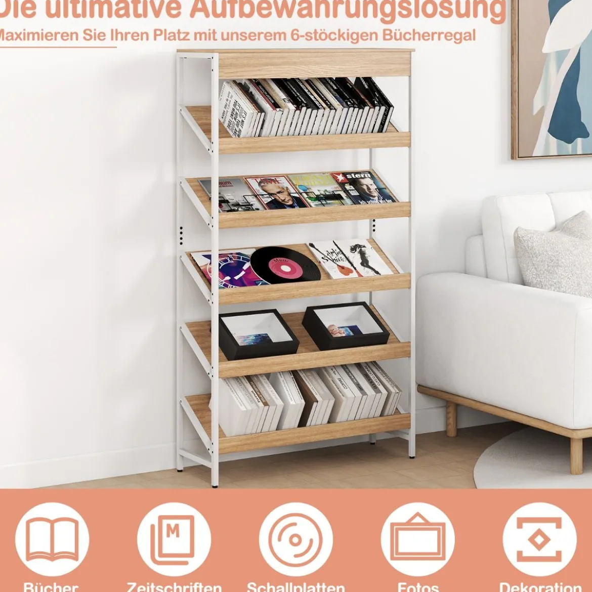 161 cm Industrielles Bücherregal mit Metallrahmen Freistehendes Lagerregal Anzeige Standregal Natur