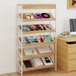 161 cm Industrielles Bücherregal mit Metallrahmen Freistehendes Lagerregal Anzeige Standregal Natur
