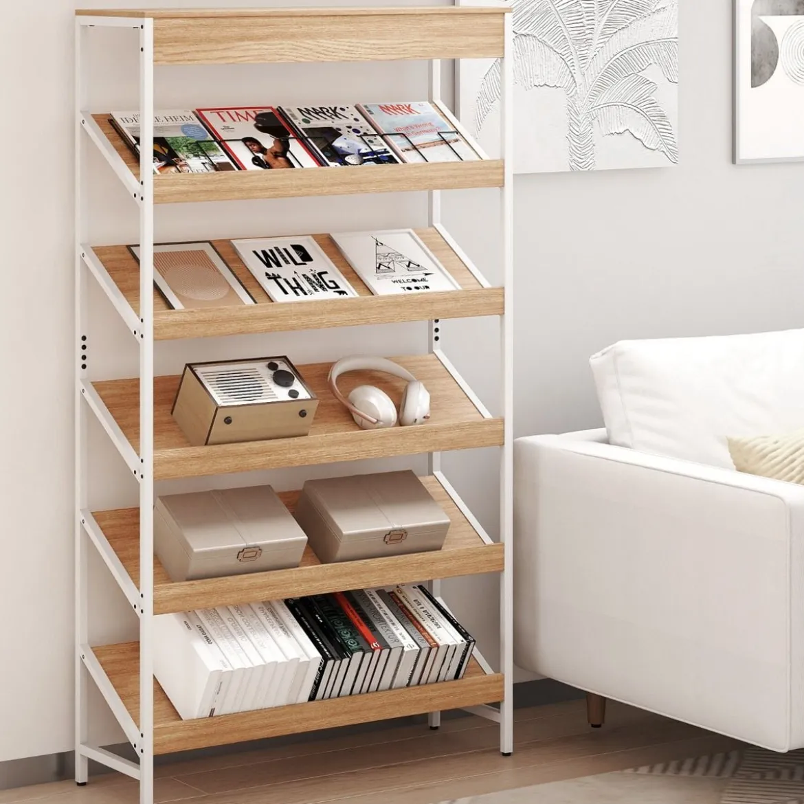 161 cm Industrielles Bücherregal mit Metallrahmen Freistehendes Lagerregal Anzeige Standregal Natur