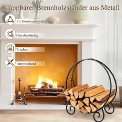59 cm Kaminholzregal zusammenklappbarer Brennholzregal für Innen und Außen robuster Metall-Feuerholzregal Schwarz