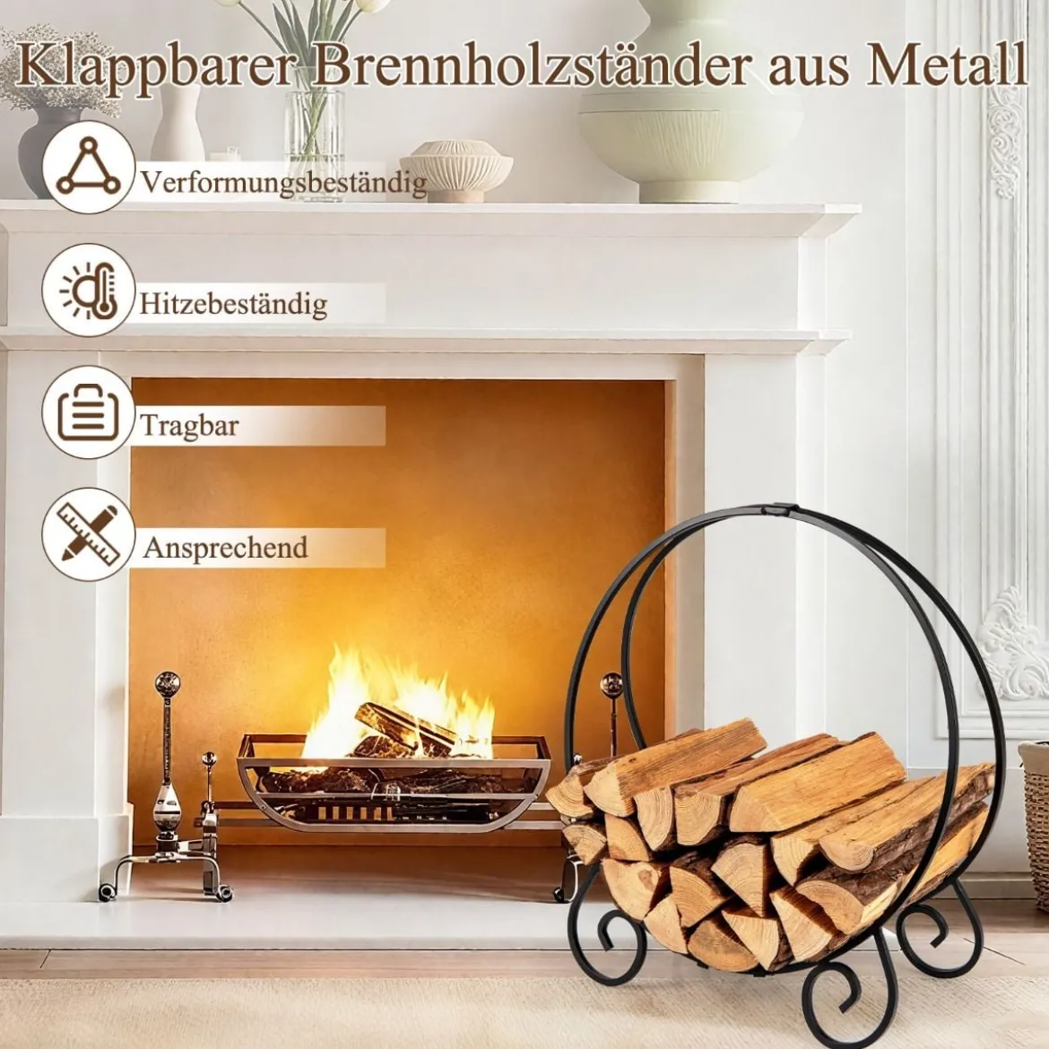 59 cm Kaminholzregal zusammenklappbarer Brennholzregal für Innen und Außen robuster Metall-Feuerholzregal Schwarz