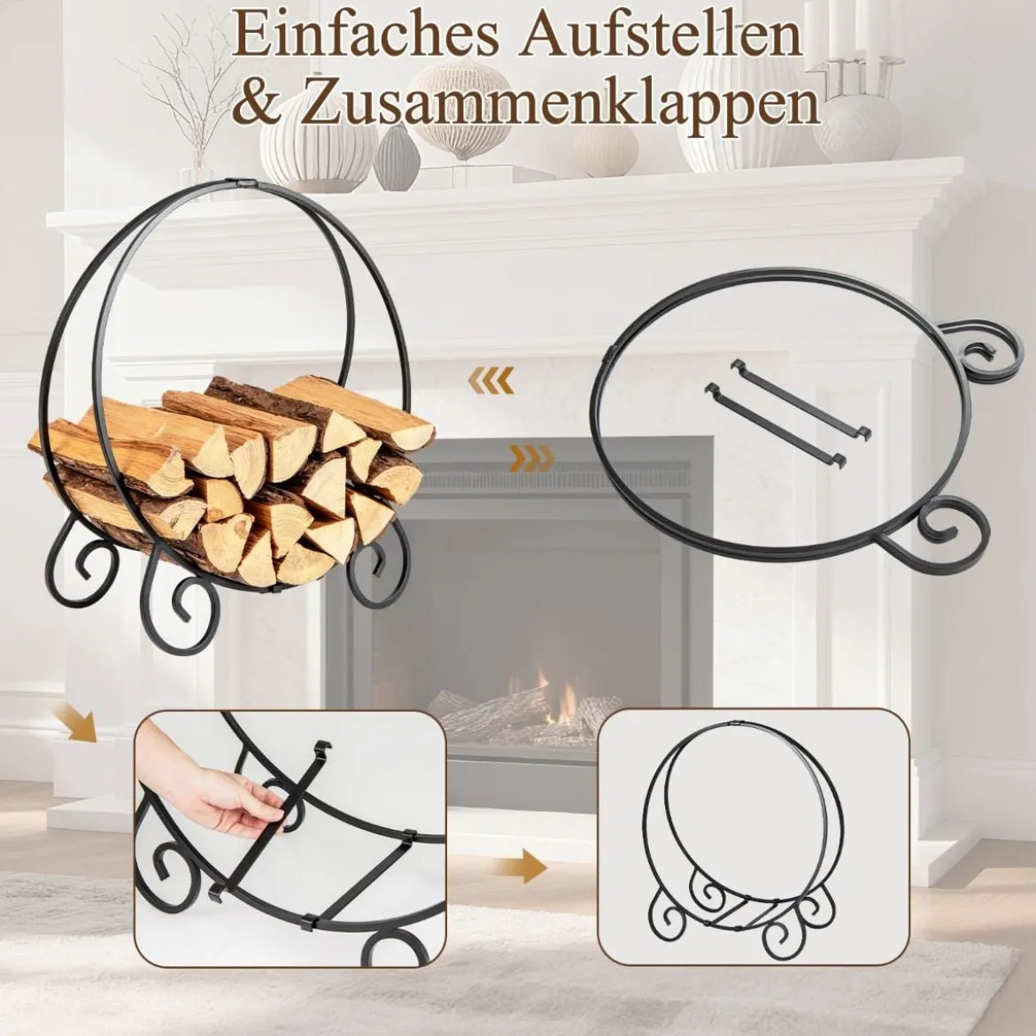 59 cm Kaminholzregal zusammenklappbarer Brennholzregal für Innen und Außen robuster Metall-Feuerholzregal Schwarz