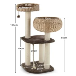 104 cm Katzenbaum aus Holz mit Betten & Spielzeugball & Seil & Sisal umwickelte Säulen