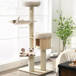 174 cm Katzenbaum aus Massivholz 4-Etagen Katzenturm Natur