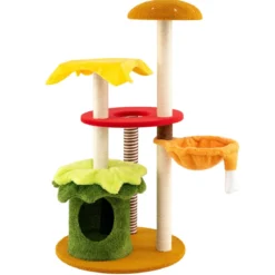 117 cm Katzenbaum mehrstufiger Kletterturm mit Hängekorb gepolsterter Sitzplatz Sisal-Kratzbrettern Kratzbaum Orange