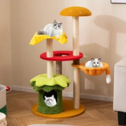 117 cm Katzenbaum mehrstufiger Kletterturm mit Hängekorb gepolsterter Sitzplatz Sisal-Kratzbrettern Kratzbaum Orange